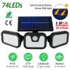 Solar Wall Lamp 74 LEDs 3 Adjustable Head Motion Sensor Flood Light IP65 Waterproof Security Light Outdoor 270° Wide Angle Light For Garage Front Door