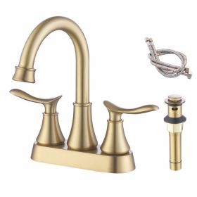 2-Handle 4-Inch Brushed Gold Bathroom Faucet, Bathroom Vanity Sink Faucets with Pop-up Drain and Supply Hoses