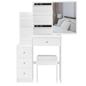 Small Size Left Bedside Cabinet Vanity Table + Cushioned Stool, Extra Large Sliding Mirror, Multi Layer, High Capacity Storage Fashionable Dresser