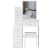 Small Size Left Bedside Cabinet Vanity Table + Cushioned Stool, Extra Large Sliding Mirror, Multi Layer, High Capacity Storage Fashionable Dresser