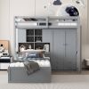 Twin Bunk Bed with Drawers, Wardrobe, Storage Shelves and Hydraulic Bed,Grey