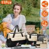 11Pcs Baby Nappy Diaper Bags Set for Mom Dad Mummy Shoulder Bags Multifunctional Diaper Handbags with Food Bag Bottle Bag Diaper Pad Burp Cloth 2 Hook
