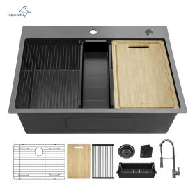 Aqucubic Gunmetal Black CUPC Handmade 304 Stainless Steel Topmount Kitchen Sink with Accessories and faucet (Color: ACS3022A1T-FW, Thickness: 18 Gauge)