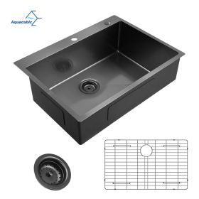 Aqucubic Gunmetal Black CUPC Handmade 304 Stainless Steel Topmount Kitchen Sink with Accessories and faucet (Color: ACS3322A1T, Thickness: 18 Gauge)