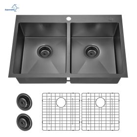 Aqucubic Gunmetal Black CUPC Handmade 304 Stainless Steel Topmount Kitchen Sink with Accessories and faucet (Color: ACS3322A2T, Thickness: 18 Gauge)