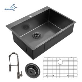 Aqucubic Gunmetal Black CUPC Handmade 304 Stainless Steel Topmount Kitchen Sink with Accessories and faucet (Color: ACS3022A1T-F, Thickness: 18 Gauge)