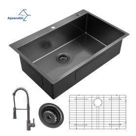 Aqucubic Gunmetal Black CUPC Handmade 304 Stainless Steel Topmount Kitchen Sink with Accessories and faucet (Color: ACS3322A1T-F, Thickness: 18 Gauge)