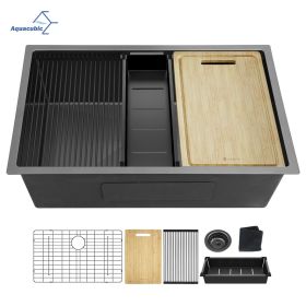 Aqucubic Gunmetal Black Handmade 304 Stainless Steel Undermount Kitchen Sink with Accessories and faucet (Color: ACS3219A1-W, Thickness: 18 Gauge)