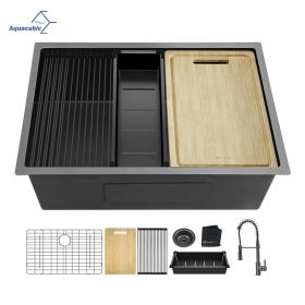 Aqucubic Gunmetal Black Handmade 304 Stainless Steel Undermount Kitchen Sink with Accessories and faucet (Color: ACS2719A1-FW, Thickness: 18 Gauge)