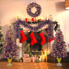 Pre-lit Christmas Artificial Tree 4-Piece Set, Garland, Wreath and Set of 2 Entrance Trees, X-mas with LED Lights, PVC Festival Celebration Set (Color: purple)