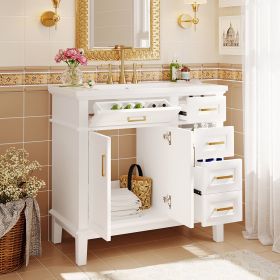 36-inch Bathroom Vanity with Resin Sink, Modern Bathroom Cabinet, Featuring Two Soft Close Doors and Four Drawers (Material: Solid Wood+MDF+Resin, Color: White)