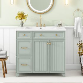 36-inch Bathroom Vanity, Transitional Style Bathroom Cabinet with Resin Sink, Single Bathroom Cabinet, with 2 Drawers and 1 Adjustable Storage Shelf (Material: Solid Wood+MDF+Resin, Color: Green)
