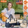 11Pcs Baby Nappy Diaper Bags Set for Mom Dad Mummy Shoulder Bags Multifunctional Diaper Handbags with Food Bag Bottle Bag Diaper Pad Burp Cloth 2 Hook